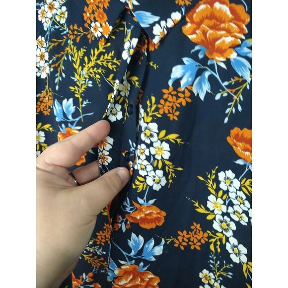 Simply Emma Woman 2X Blouse Blue Orange Floral Roll Tab Collared Button Front - Picture 6 of 10